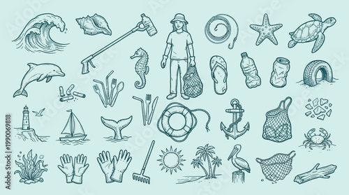 A collection of hand-drawn illustrations depicting marine life, beach cleanup tools, and environmental elements on a light blue background.