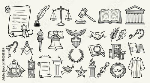 Konstfotografi A comprehensive collection of hand-drawn legal and governmental symbols, including documents, scales of justice, gavels, buildings, and emblems