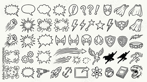 A comprehensive collection of hand-drawn comic book elements, including speech bubbles, superhero masks, capes, lightning bolts, and action effects.