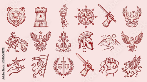Collection of vintage heraldic emblems and symbols featuring animals, weapons, and mythical creatures in a red line art style.