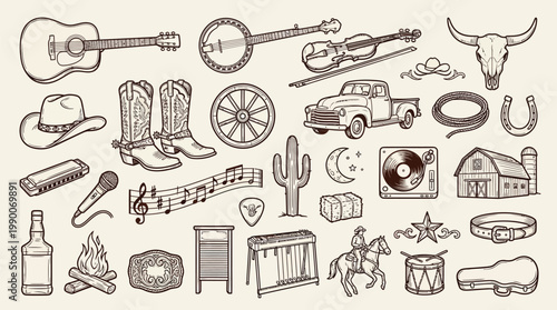A comprehensive collection of hand-drawn illustrations depicting various elements associated with country and western music and lifestyle.