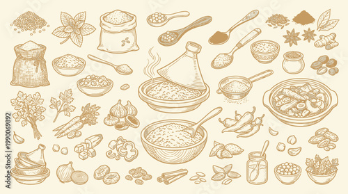 A detailed sepia-toned illustration showcasing a diverse collection of spices, herbs, and cooking ingredients, including a tagine pot, in a rustic, vintage style.