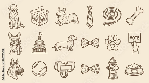 A collection of hand-drawn illustrations featuring various dog breeds, political symbols, and pet accessories, presented in a vintage sketch style.