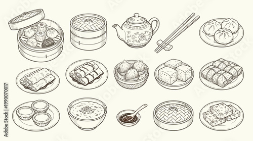 A collection of delicious and traditional Chinese dim sum dishes, including steamed buns, dumplings, and various savory snacks, presented in an artistic line drawing style.