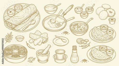 A detailed hand-drawn illustration showcasing a variety of South Indian breakfast dishes and ingredients, presented in a vintage sketch style.