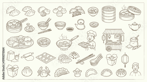 A charming hand-drawn illustration featuring a delightful collection of various Asian dumplings, dim sum, and related culinary elements, presented in a whimsical, artistic style.