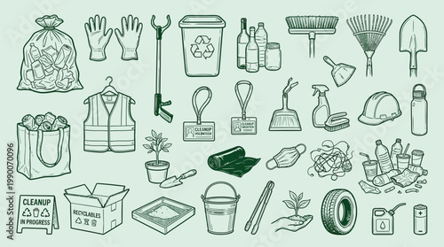 A comprehensive collection of illustrations depicting various tools and supplies for environmental cleanup and recycling efforts.