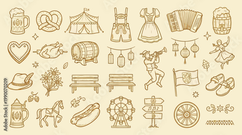 A collection of hand-drawn illustrations depicting elements commonly associated with Oktoberfest and Bavarian culture, including food, drinks, traditional clothing, and festive activities.