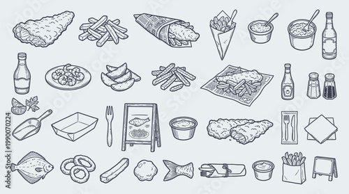 A comprehensive collection of hand-drawn illustrations depicting various elements of a traditional fish and chips meal, including the main dish, sides, condiments, and serving accessories.