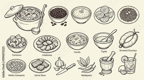 A detailed illustration showcasing a variety of traditional Colombian dishes and ingredients, presented in a charming, hand-drawn sketch style.