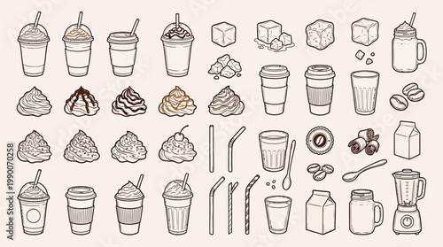 A comprehensive collection of hand-drawn illustrations depicting various coffee drinks, ingredients, and accessories, presented in a vintage sketch style.