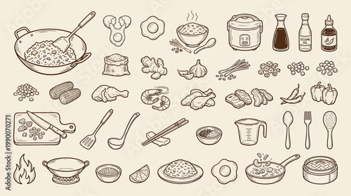 A detailed hand-drawn illustration showcasing a diverse collection of ingredients, cooking utensils, and finished dishes, primarily centered around Asian cuisine and rice-based meals.