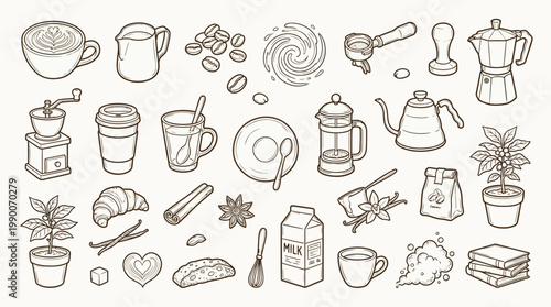 A charming collection of hand-drawn coffee-related illustrations, featuring brewing equipment, beans, pastries, and decorative elements.
