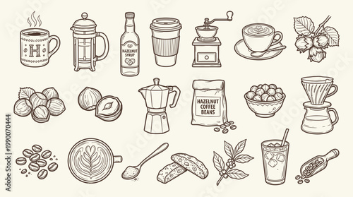 A detailed collection of hand-drawn illustrations depicting various coffee-related items and ingredients, including brewing equipment, cups, beans, and pastries.