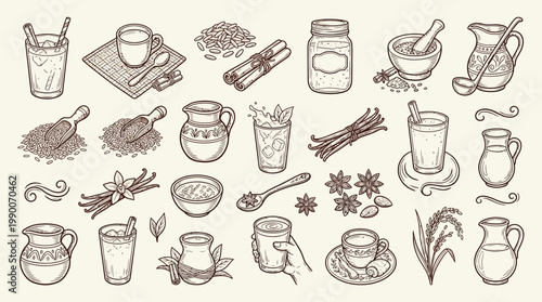 A detailed illustration of various ingredients and preparations for beverages, including spices, jars, cups, and pitchers.