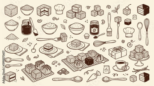 A charming hand-drawn illustration showcasing a delightful assortment of pastries, cakes, and baking ingredients, perfect for culinary themes.