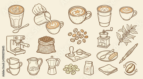 A charming collection of hand-drawn coffee-related illustrations, showcasing brewing equipment, beans, and finished beverages.