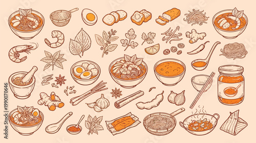 A vibrant collection of hand-drawn illustrations depicting various ingredients and dishes commonly found in Southeast Asian cuisine, including spices, herbs, seafood, and prepared meals.