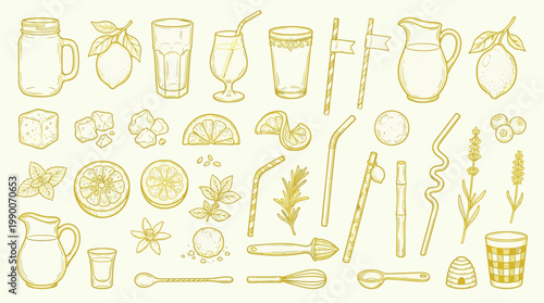 A collection of hand-drawn illustrations depicting various elements related to making and serving refreshing beverages, including fruits, herbs, ice, and glassware.