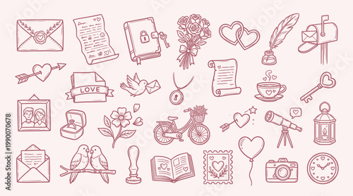 A charming collection of hand-drawn illustrations depicting romantic and nostalgic themes, perfect for Valentine's Day or wedding invitations.