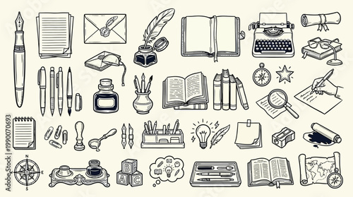A comprehensive collection of vintage writing and stationery illustrations, featuring pens, inkwells, typewriters, books, and scrolls.