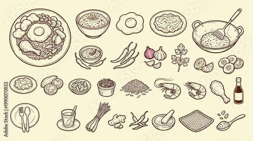A detailed illustration showcasing a variety of ingredients and dishes, including rice, chicken, eggs, spices, and seafood, presented in a charming, hand-drawn style.