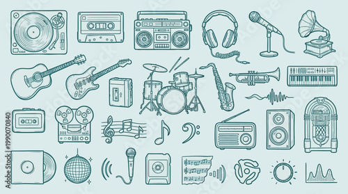 A comprehensive collection of vintage and modern music-related icons and illustrations, showcasing audio equipment and musical instruments.