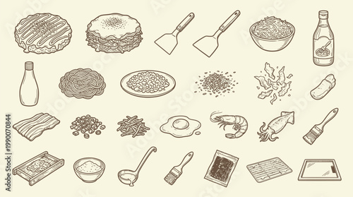 A detailed illustration showcasing a variety of ingredients and tools for preparing a delicious meal, likely a savory pancake or stir-fry.