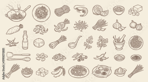 A detailed illustration showcasing a variety of fresh ingredients and culinary tools, presented in a charming, hand-drawn sketch style on a textured background.