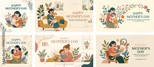 Vector set of mothers and children in loving embraces. Heartwarming Mother's Day scenes featuring potted plants and floral motifs. Concept of motherhood and family love