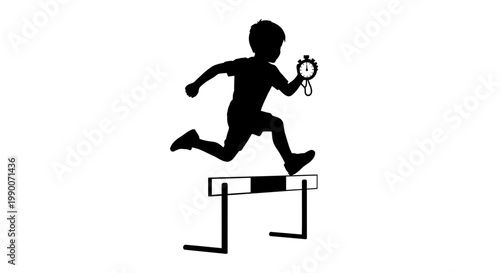 Child jumping over hurdle while holding a stopwatch vector silhouette