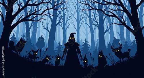 Spooky Forest Silhouette with Hooded Figure and Eerie Creatures