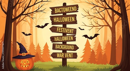 Halloween Forest Illustration with Signpost and Pumpkin