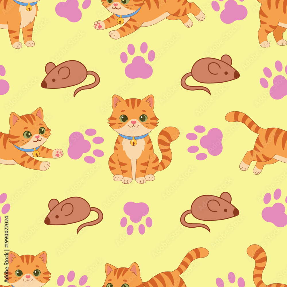 Fototapeta premium Cute ginger orange cat, paw print and toy rat seamless pattern on soft peach background