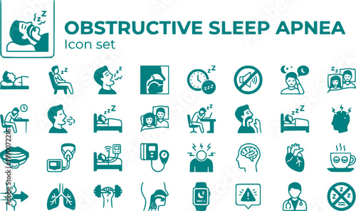 Obstructive Sleep Apnea Icon Set Man Dozing Back Bed Snores Problems Breathing Disorder Sleep Disorder Health Condition Vector Illustration