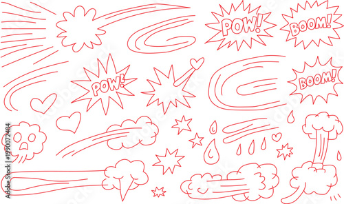 A comprehensive collection of red outline hand-drawn comic book style graphic design elements, including dynamic speed lines, explosive sound effects like "POW" and "BOOM", various speech bubbles, whi