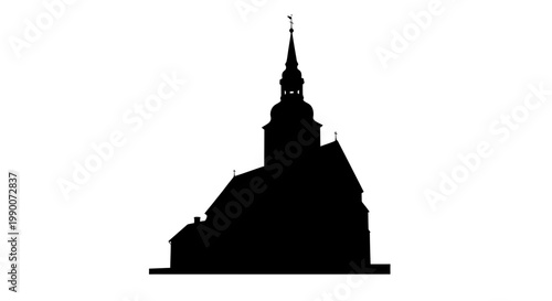 Medieval church building silhouette with tall steeple and spire