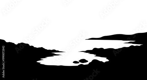 Minimalist black and white coastal landscape silhouette with rocks