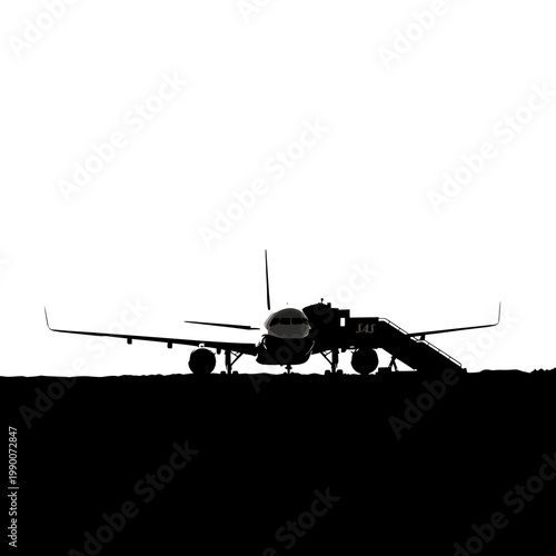 Airplane silhouette on tarmac with boarding stairs