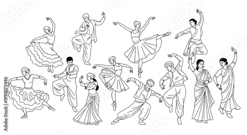 Dancers in various poses performing ballet.