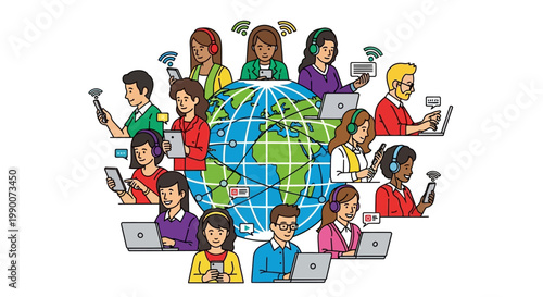 Diverse people using digital devices.