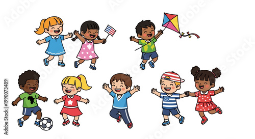 Diverse children playing together outside happily.