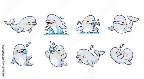 Cartoon Beluga Whale Expressions Emotions.
