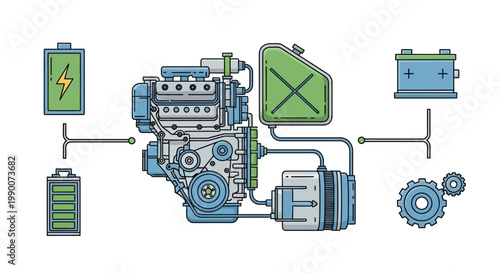 Car Engine with Battery and Components.