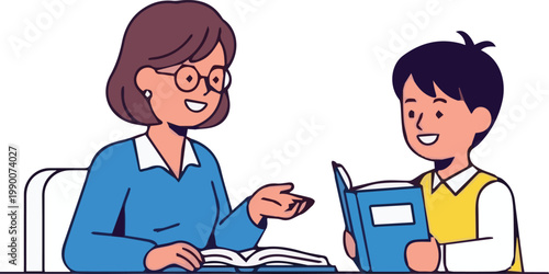 Woman teaches a young boy reading a book in classroom