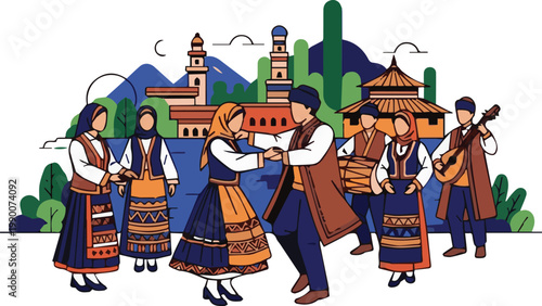 People in traditional clothing dancing and playing music in a village