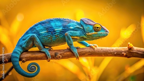 A photo of a bright blue chameleon climbing a branch against a vibrant yellow background, showcasing the animals natural camouflage and dynamic movem