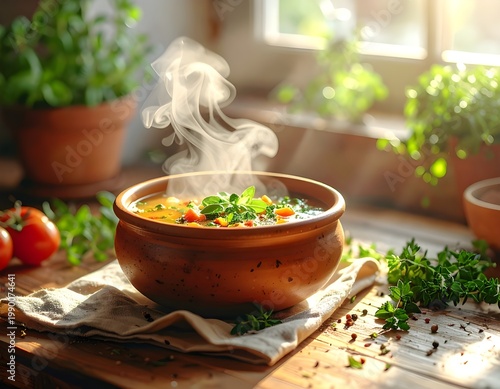 Steaming Vegetable Soup in Rustic Bowl with Fresh Herbs and Sunlight