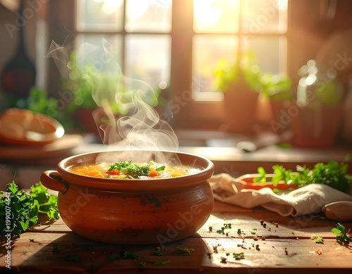 Warm and comforting vegetable soup served in a rustic bowl with fresh herbs, captured in a sunlit kitchen setting