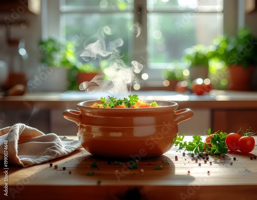 Warm vegetable soup served in a bowl with fresh herbs